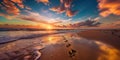 AI generated illustration of a tranquil scene of footprints in the wet sand and an orange sunset Royalty Free Stock Photo