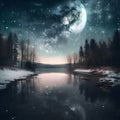 AI generated illustration of a tranquil scene of a star-studded night sky reflected in a pond Royalty Free Stock Photo