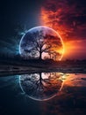 AI generated illustration of a tranquil scene of a sunset with the moon reflection in the water