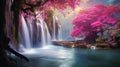 AI generated illustration of a tranquil scene of a waterfall cascading down a mountain