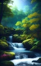 AI generated illustration of a tranquil stream flowing through a lush green forest Royalty Free Stock Photo