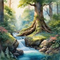 AI generated illustration of a tranquil stream running through a lush, green forest Royalty Free Stock Photo