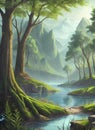 AI generated illustration of a tranquil stream winding through a lush, green forest Royalty Free Stock Photo