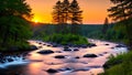 AI generated illustration of a tranquil stream winding through a lush, green forest Royalty Free Stock Photo