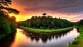 AI generated illustration of a tranquil stream winding through a lush, green forest Royalty Free Stock Photo