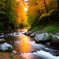 AI generated illustration of a tranquil stream winding through a lush, green forest Royalty Free Stock Photo