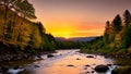 AI generated illustration of a tranquil stream winding through a lush, green forest Royalty Free Stock Photo