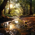 AI generated illustration of a tranquil, sun-dappled scene of a stream winding through a lush forest Royalty Free Stock Photo