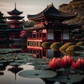 AI generated illustration of A tranquil vibrant pink waterlilies near a majestic oriental building