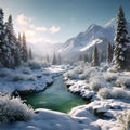 a river running through a snow covered forest next to tall pines Royalty Free Stock Photo