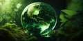 AI generated illustration of a transparent glass globe with a planet inside resting in a forest Royalty Free Stock Photo