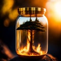 AI generated illustration of a transparent glass jar with a burning tree inside Royalty Free Stock Photo