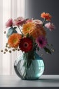 AI generated illustration of a transparent glass vase with a vibrant assortment of flowers inside