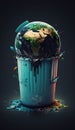 AI generated illustration of a trash can filled with paint and containing a small globe of the Earth