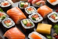 sushi on top of a wood tray covered in lots of sushi