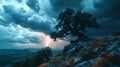 AI generated illustration of a tree atop a grassy hill with a distant storm cloud rolling in Royalty Free Stock Photo