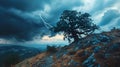 AI generated illustration of a tree atop a grassy hill with a distant storm cloud rolling in Royalty Free Stock Photo