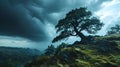 AI generated illustration of a tree atop a grassy hill with a distant storm cloud rolling in Royalty Free Stock Photo