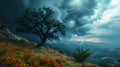 AI generated illustration of a tree atop a grassy hill with a distant storm cloud rolling in Royalty Free Stock Photo