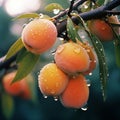 AI generated illustration of a tree branch with ripe apricots hanging in the rain