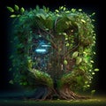 AI generated illustration of A tree with an electronic device embedded in its trunk