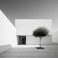 AI generated illustration of a tree in front of a white building providing a unique visual contrast
