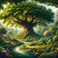 AI generated illustration of a tree of life in the middle of the Garden of Eden Royalty Free Stock Photo
