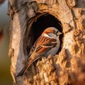 Tree sparrow inside tree on its way into a tree