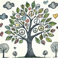 Illustration of trees whose leaves are symbols of positive messages and wishes for peace