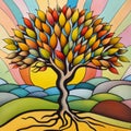 Illustration of trees whose leaves are symbols of positive messages and wishes for peace