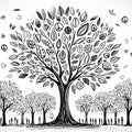 Illustration of trees whose leaves are symbols of positive messages and wishes for peace.