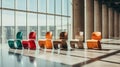 Trendy colorful chairs in the interior of the airport terminal. Industrial trend home decor