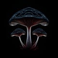 AI generated illustration of a trio of luminescent mushrooms, thriving in the silent serenity