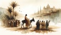 Triumphal Entry into Jerusalem. Passion Sunday. Watercolor Biblical Illustration