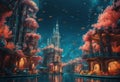 AI generated illustration of a tropical city in a vintage fantasy world surrounded by coral reefs