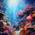 AI generated illustration of a tropical coral reef and fish swimming underwater Royalty Free Stock Photo