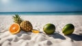 two tropical fruits on a beach with the water in the background Royalty Free Stock Photo