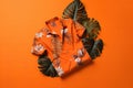 AI generated illustration of a tropical shirt on a vibrant orange background with fern branches