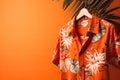 AI generated illustration of a tropical shirt on a vibrant orange background with fern branches