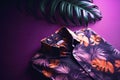 AI generated illustration of a tropical shirt on a vibrant purple background of fern branches