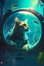 AI generated illustration of a tubby cat in a spacesuit underwater, looking at colorful fish