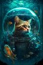 AI generated illustration of a tubby cat in a spacesuit underwater, looking at colorful fish