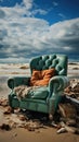AI-generated illustration of a turquoise armchair with an orange pillow thrown out on the beach