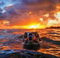 AI generated illustration of a turtle gracefully gliding through the water against a stunning sunset Royalty Free Stock Photo