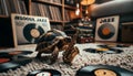 AI generated illustration of A turtle playing a brass trumpet surrounded by vinyl records