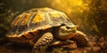 AI generated illustration of a turtle taking a leisurely stroll in a sun-dappled environment