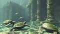 AI generated illustration of turtles swim near ancient ruins and columns in the water