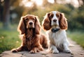 AI generated illustration of two adorable brown and white Spaniel dogs relaxing on green grass