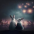 AI generated illustration of two adorable bunnies looking at the fireworks and the city lights