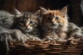 AI-generated illustration of two adorable kittens snuggled together in a wicker basket.